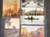 four different pictures of a city with a boat in the water