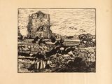 an image of a black and white drawing of a castle on a hill