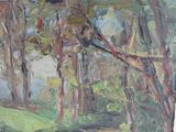 a painting of a bird sitting on a branch in the woods