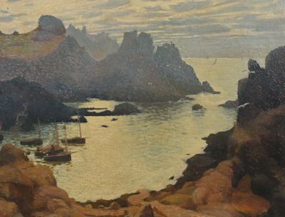 a painting of a boat in a body of water