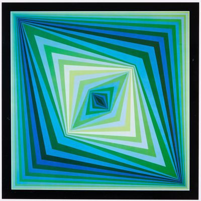 un tableau représentant un carré vert et bleu bordé de noir
