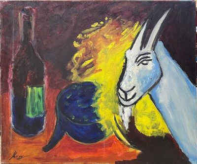 an oil painting of a goat next to a bottle of wine