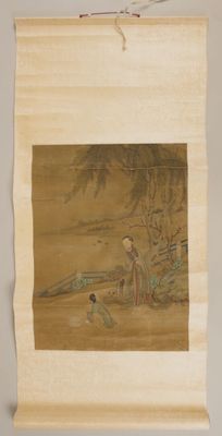 peinture chinoise sur rouleau représentant une femme et un enfant au bord d'une rivière