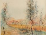 une image représentant un tableau représentant un paysage avec des arbres et une maison au loin