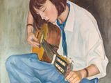 a painting of a woman sitting on the ground playing a guitar
