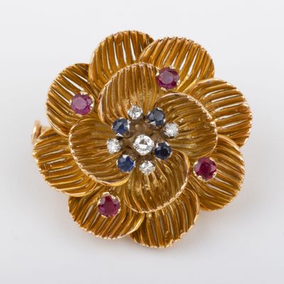 Broche "Fleur" diamants, rubis et saphirs, monture or 18K aj… - Photo 1