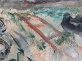 a painting of a boat on a beach with a ladder