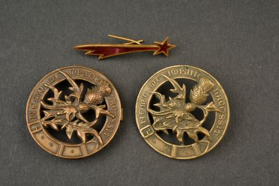 une paire de boutons plaqués or surmontés d'une épingle