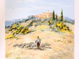 une image représentant un tableau où l'on voit un homme gardant des moutons sur une colline
