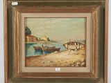 une peinture à l'huile représentant un bateau sur une plage au bord d'un plan d'eau
