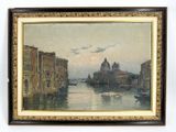 an image of a painting of a canal with boats in the water