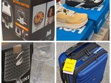 several different pictures of a blue suitcase and a pair of shoes