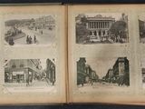 an old book with pictures of buildings and people on the pages