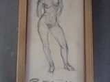 tableau représentant une femme nue, dans un cadre en bois, sur fond bleu