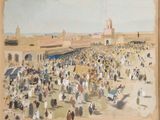a painting of a large crowd of people on the beach