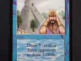 a close up of a card with a picture of a man in front of a pyramid