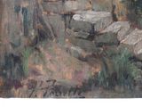 a painting of a man sitting on a bench in the woods