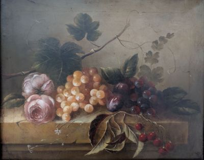 un tableau représentant un panier de fruits posé sur une table