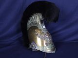 un casque doré orné d'une plume noire