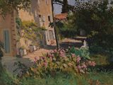 un tableau représentant une maison avec un jardin devant