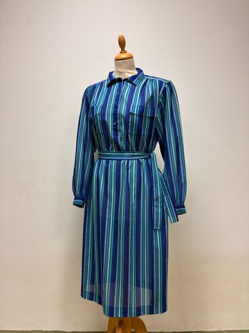 TED LAPIDUS Paris Robe vintage longue à rayures bleu, ceinture. T...