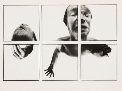 black and white photograph of a man ' s face and hands in four squares