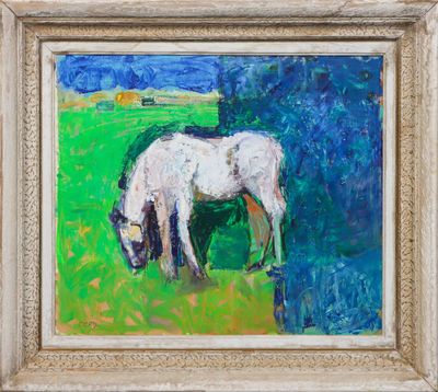 an oil painting of a white horse grazing in a green field