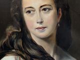 painting of a woman with long hair in a white dress