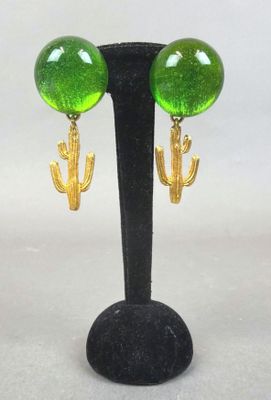 pair of cactus earrings with green glass and gold plated posts