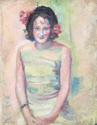 an oil painting of a woman in a green dress with flowers in her hair