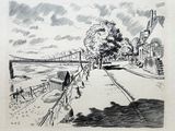 esquisses d'un dessin représentant un pont enjambant une rivière, sur lequel marchent des personnes
