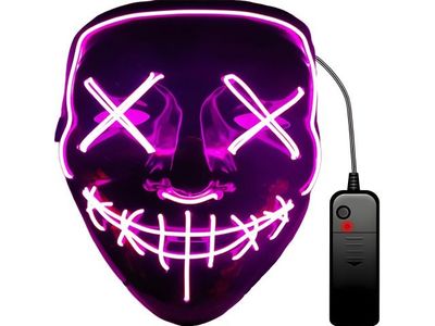 un gros plan d'un masque néon avec une télécommande sur fond blanc