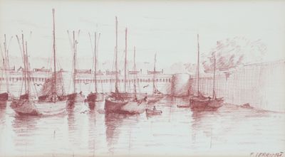 dessin représentant des bateaux dans un port, avec des bâtiments en arrière-plan