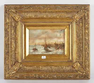 une peinture à l'huile représentant un bateau sur un plan d'eau, avec des oiseaux qui volent au-dessus