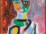 une peinture à l'huile représentant une femme portant un chapeau et tenant une paire de ciseaux