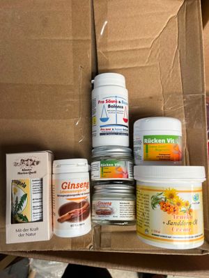 a cardboard box filled with different types of food