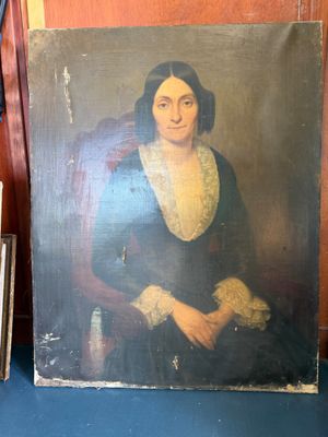 a painting of a woman sitting in a chair next to a pile of books