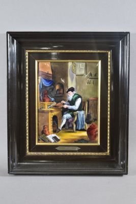 tableau représentant un homme assis à un bureau dans une pièce