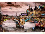 painting of a bridge over a river with a castle in the background