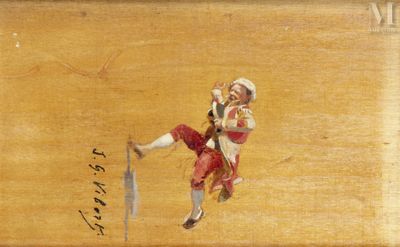 tableau représentant un homme vêtu d'un costume rouge et tenant une épée