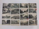 several old black and white photographs of a city with buildings and people