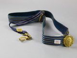a blue and gold lanyard with a gold medal on it