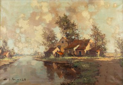 une image représentant un tableau d'une rivière avec des maisons en arrière-plan