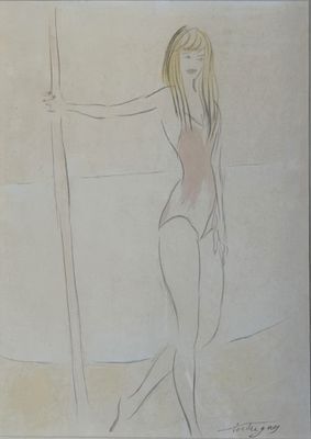 dessin représentant une femme en maillot de bain tenant une planche de surf