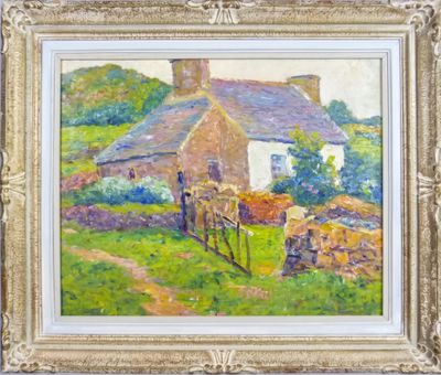 une peinture à l'huile représentant une scène de campagne avec une maison et une clôture