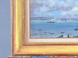 a painting of boats in the water on a shelf
