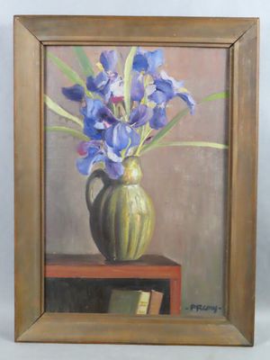 une peinture de fleurs bleues dans un vase sur une table