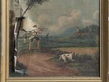 une photo d'un tableau représentant un homme et un chien dans un champ