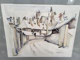 a picture of a painting of a snowy village