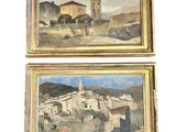two paintings of a village and a church in a gold frame